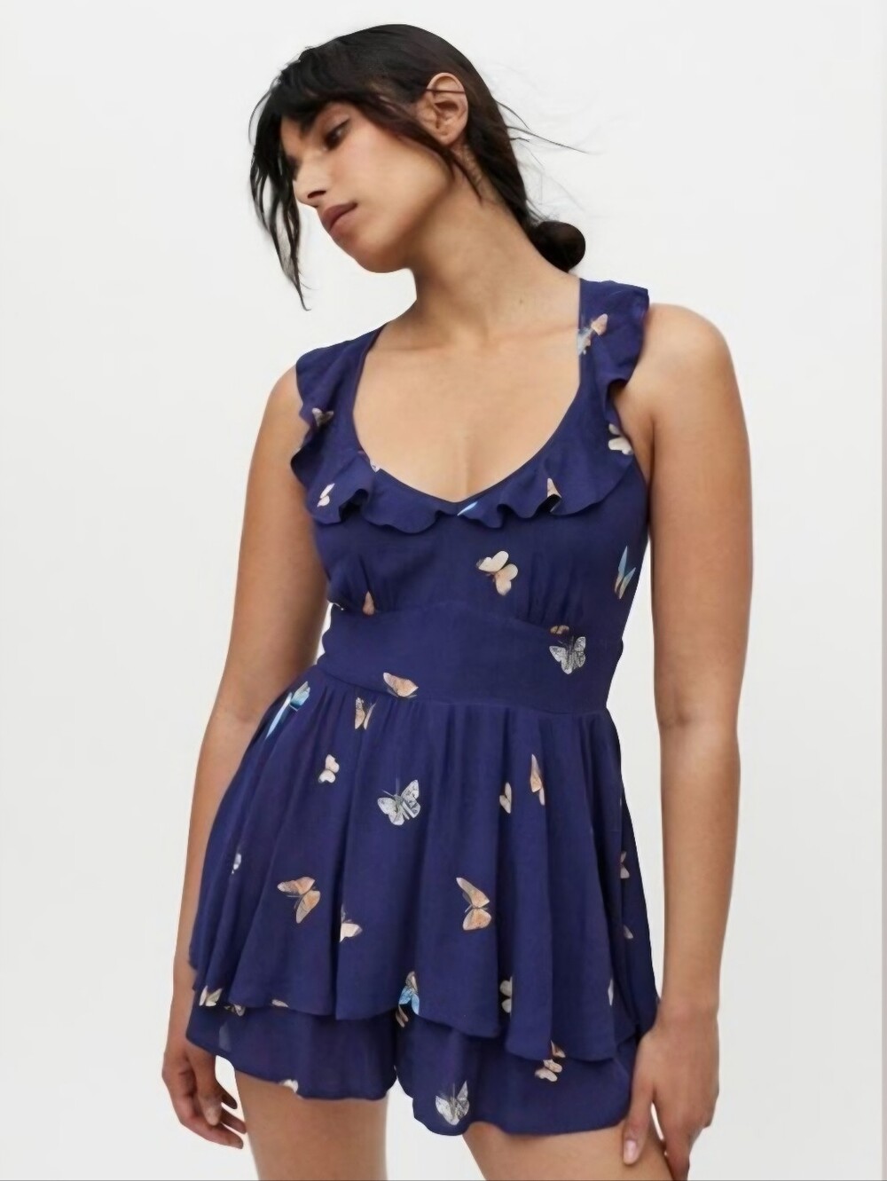 Urban Outfitters Romper Skort Navy Blue Butterfly Tiered Summer Fairycore Medium